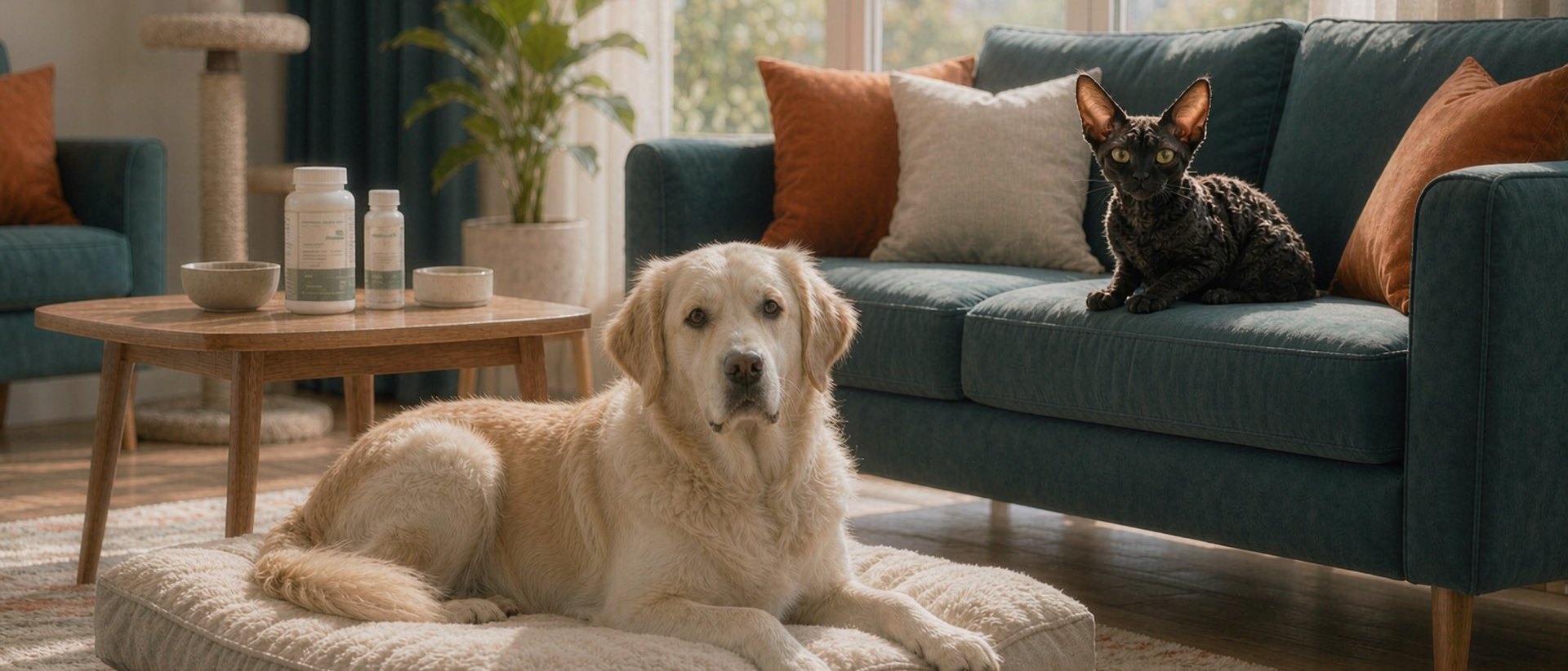 Duodora Pet — golden retriever and cat in a living room